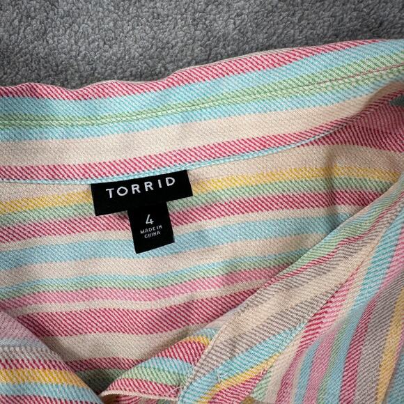 Torrid Striped Button Front Blouse Women's 4/4X Pink Blue Yellow Pocket Collar - Picture 3 of 9